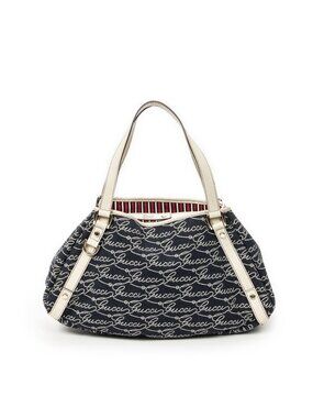 Gucci Abbey Hobo Diagonal Blue Ivory White Script Canvas